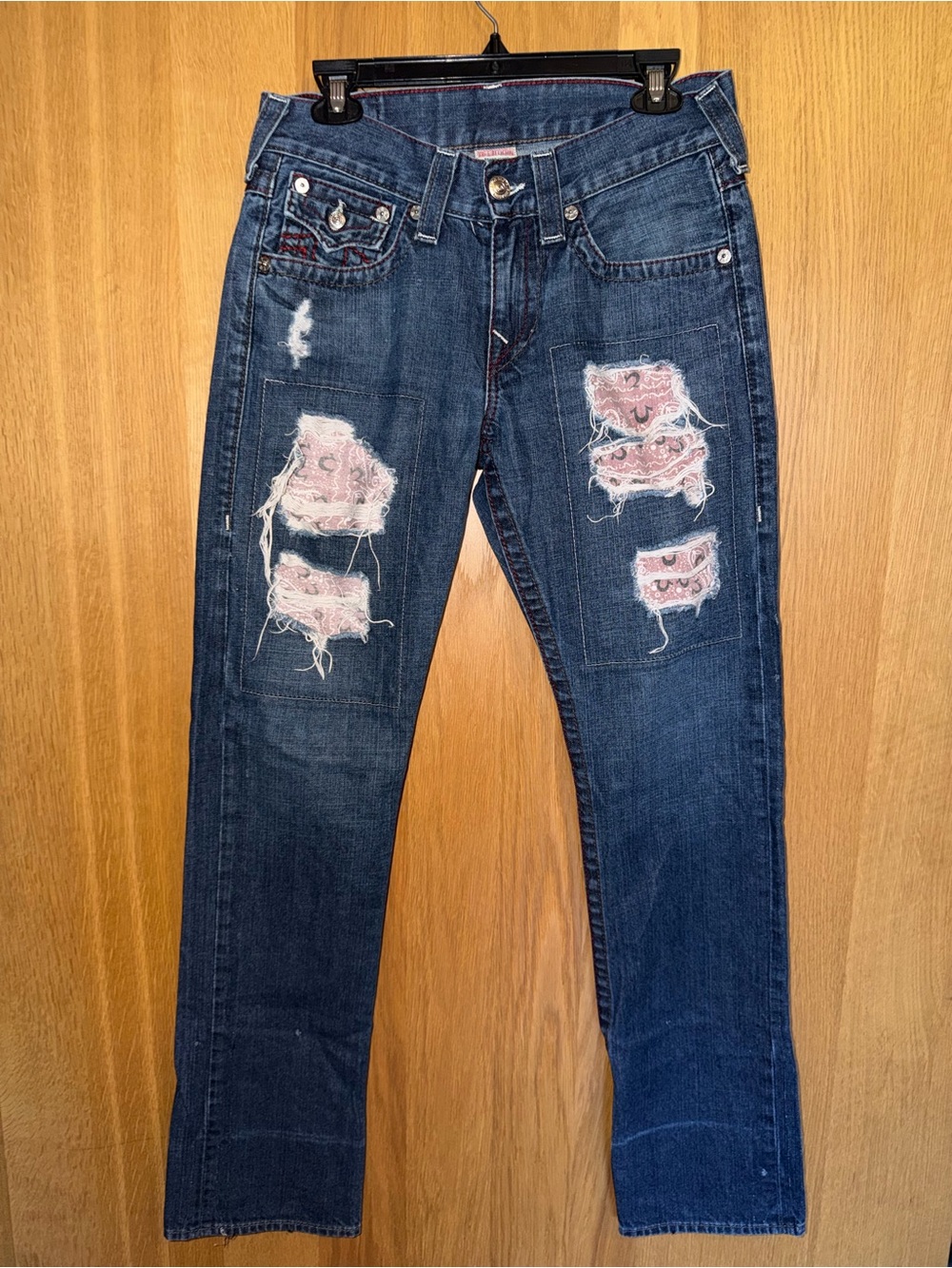 True Religion Dark Blue Skinny Jeans with Pink Patch Distressing